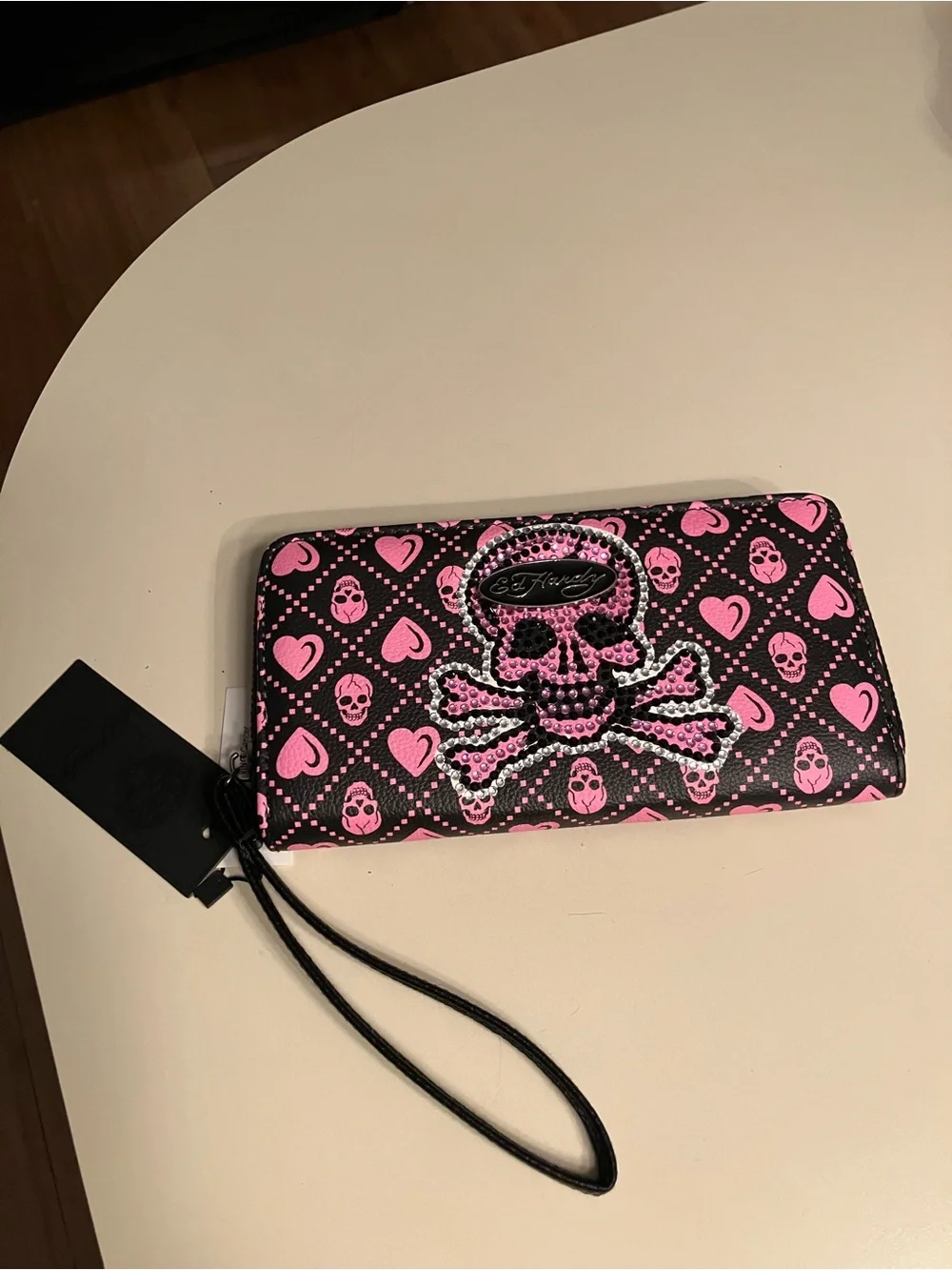 Ed Hardy Pink Skull & Crossbones Zip Wristlet Wallet